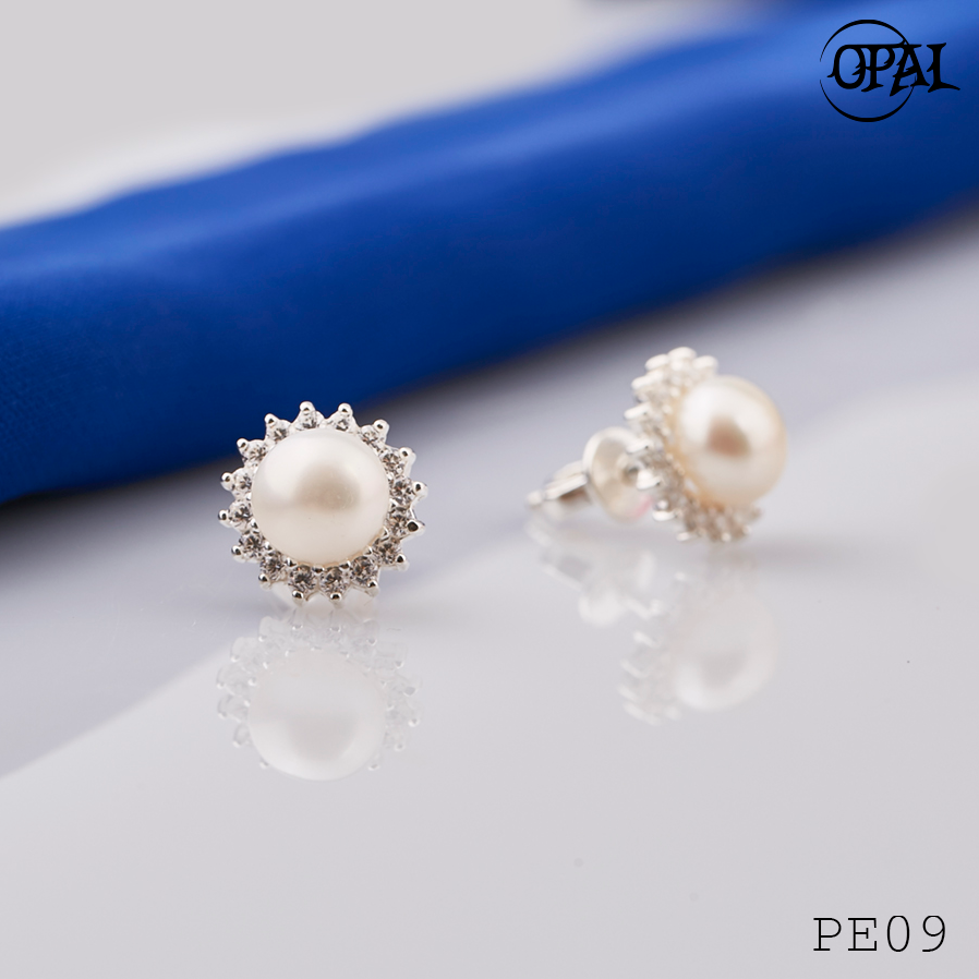 PE09- Hoa tai bạc đính ngọc trai OPAL