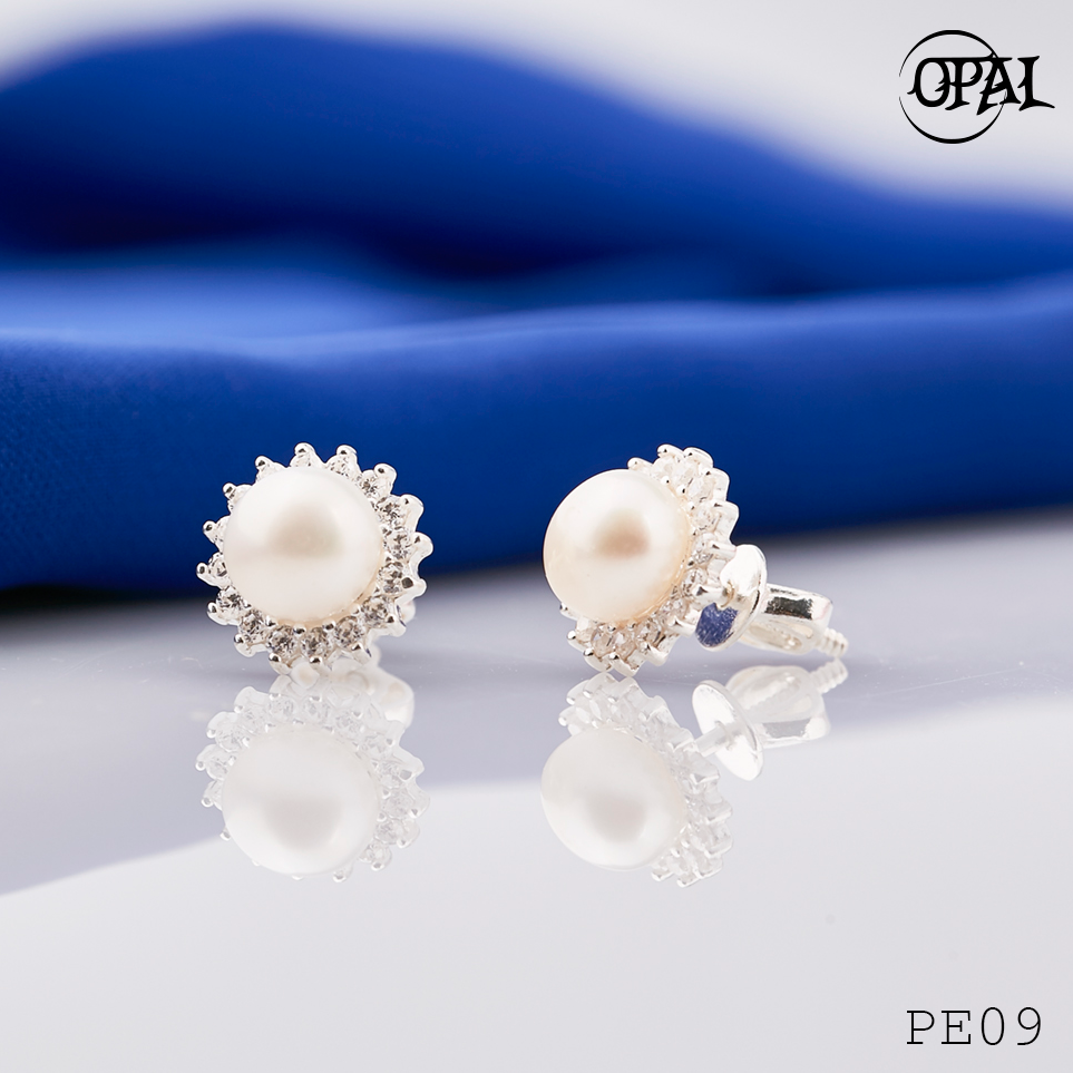 PE09- Hoa tai bạc đính ngọc trai OPAL
