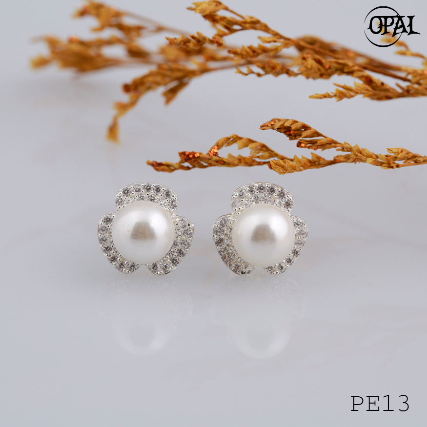 PE13- Hoa tai bạc đính ngọc trai OPAL