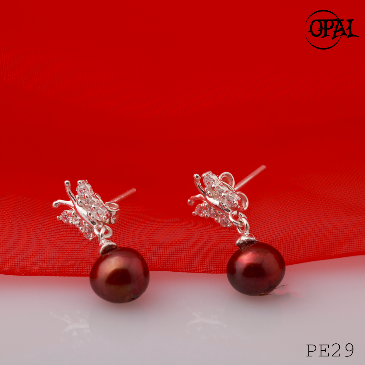 PE29- Hoa tai bạc đính ngọc trai OPAL
