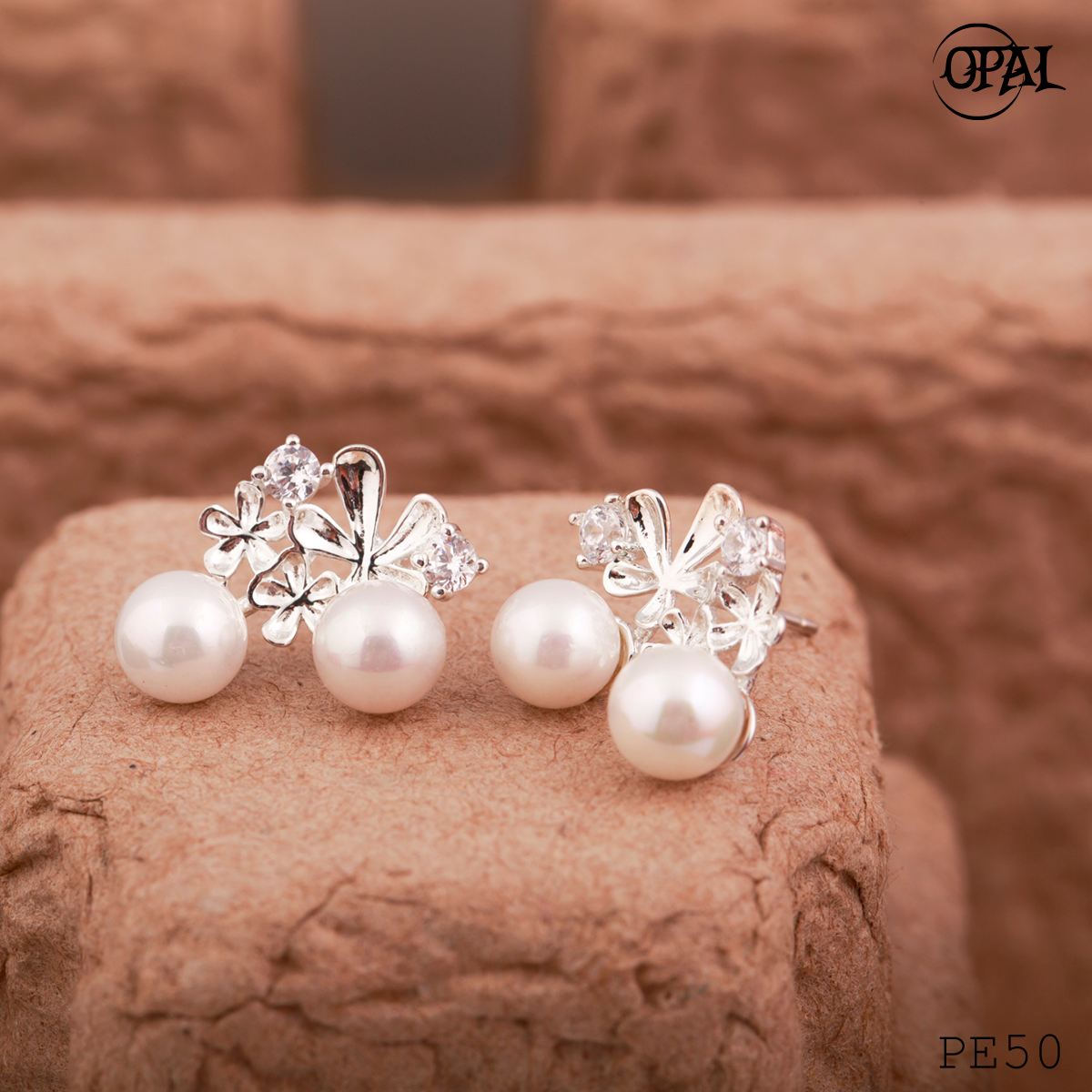 PE50 - Hoa tai bạc đính ngọc trai OPAL