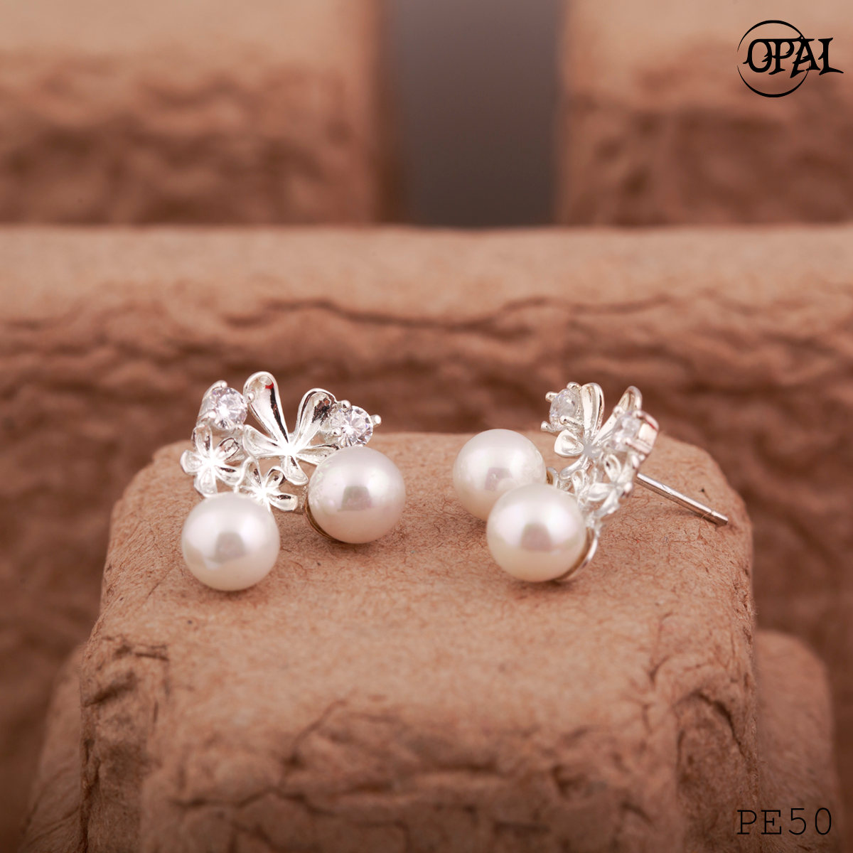 PE50 - Hoa tai bạc đính ngọc trai OPAL