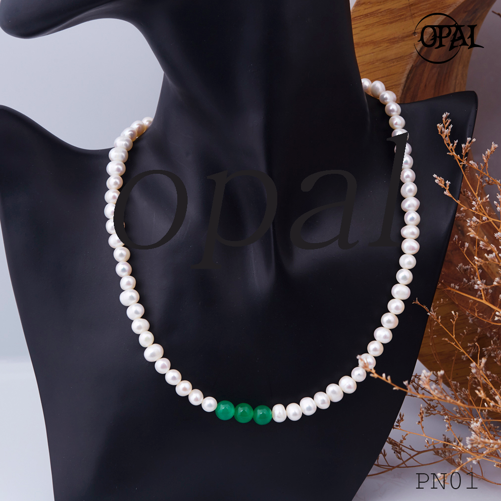 PN01- Chuỗi vòng cổ ngọc trai kết hợp 3 viên đá Ross xanh lá OPAL