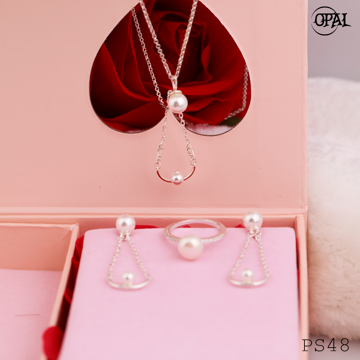 PS48-Bộ trang sức bạc đính ngọc trai OPAL