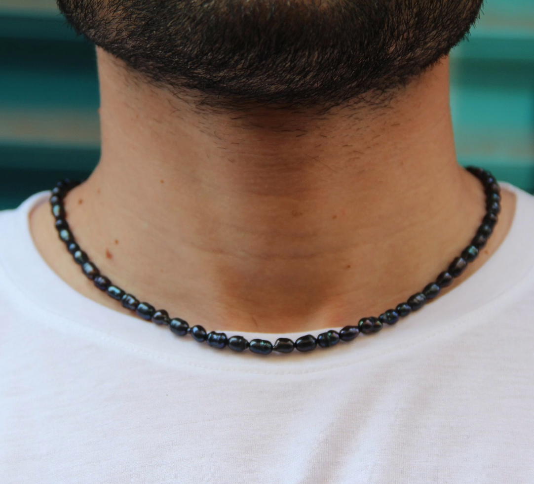  Vòng cổ Ngọc Trai dành cho nam thương hiệu Opal - Ngọc trai ánh xanh đen lông công- hạt Oval 