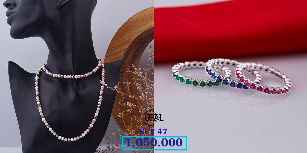 SET 47 - Bộ trang sức ngọc trai và bạc đính đá Ross Opal