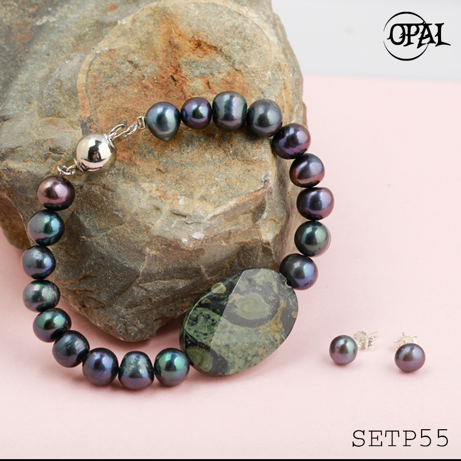 SETP55 - Bộ trang sức ngọc trai đính đá agate OPAL