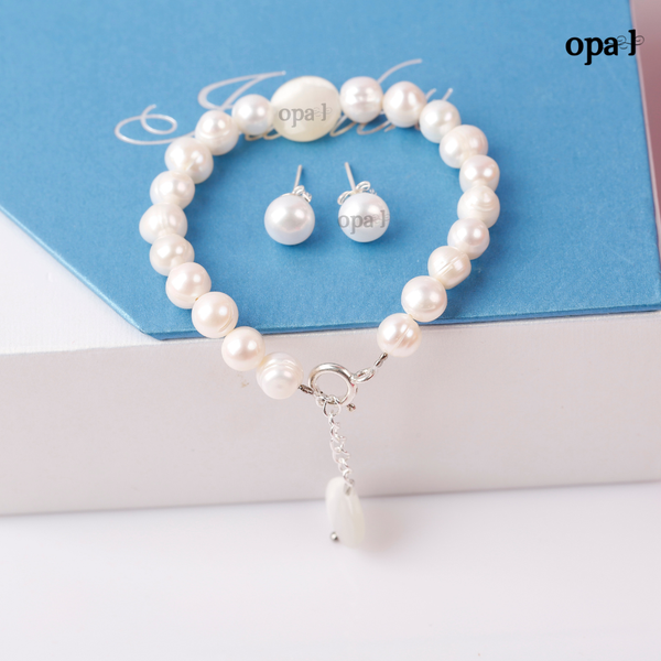  Set vòng tay ngọc trai đính mặt đá phong thủy và hoa tai ngọc trai thương hiệu Opal HT2 