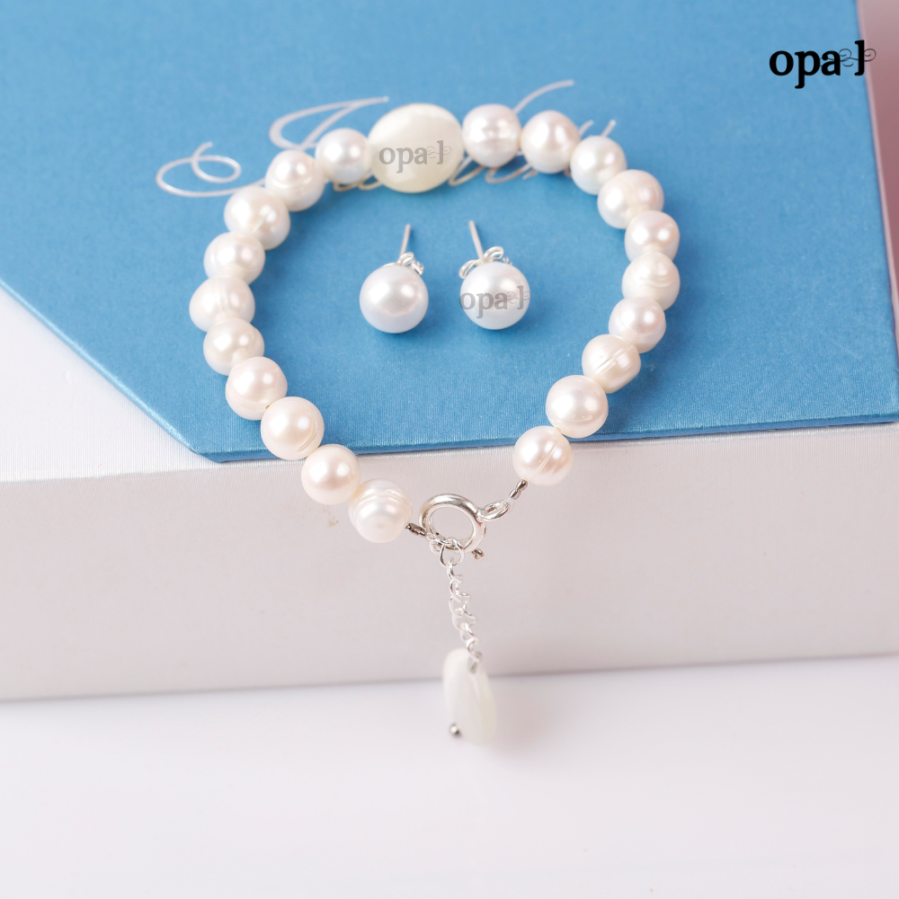 Set vòng tay ngọc trai đính mặt đá phong thủy và hoa tai ngọc trai thương hiệu Opal HT2