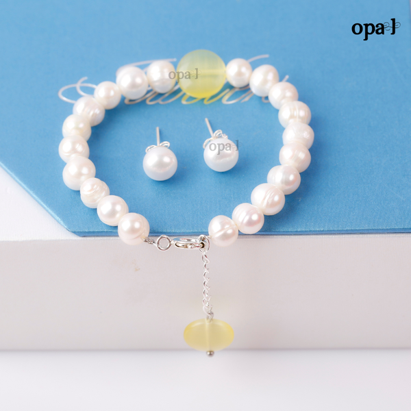  Set vòng tay ngọc trai đính mặt đá phong thủy và hoa tai ngọc trai thương hiệu Opal HT2 