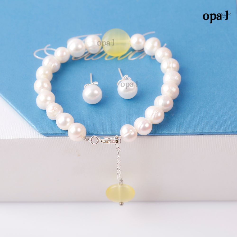 Set vòng tay ngọc trai đính mặt đá phong thủy và hoa tai ngọc trai thương hiệu Opal HT2