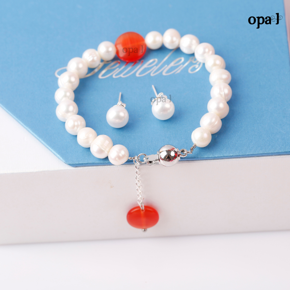 Set vòng tay ngọc trai đính mặt đá phong thủy và hoa tai ngọc trai thương hiệu Opal HT2