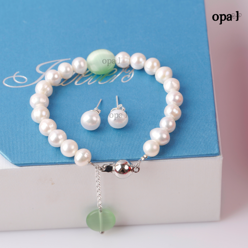 Set vòng tay ngọc trai đính mặt đá phong thủy và hoa tai ngọc trai thương hiệu Opal HT2