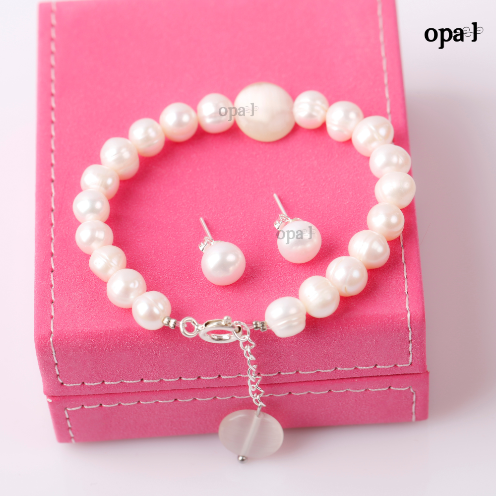 Set vòng tay ngọc trai đính mặt đá phong thủy và hoa tai ngọc trai thương hiệu Opal HT2
