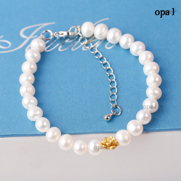  Vòng tay ngọc trai trắng đính mặt bông hoa mạ vàng và khóa tăng đơ bạc thương hiệu Opal HT2 