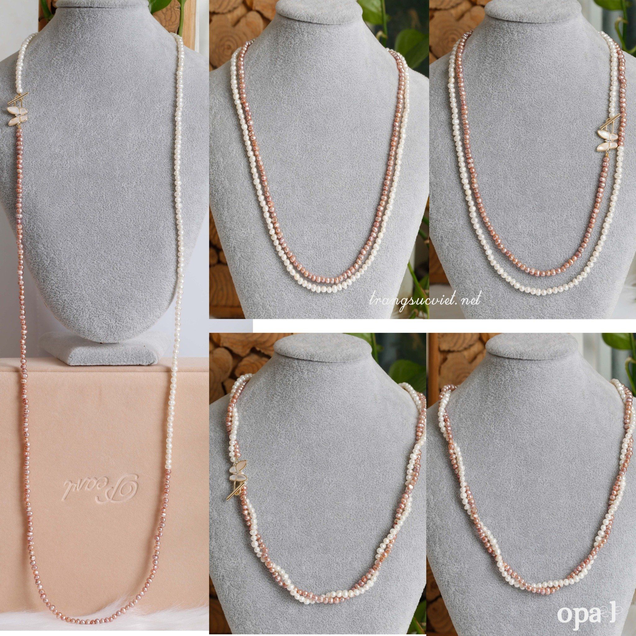 Bộ ngọc trai nhí 5,6 ly phối ánh tím và trắng cách điệu 2 layer