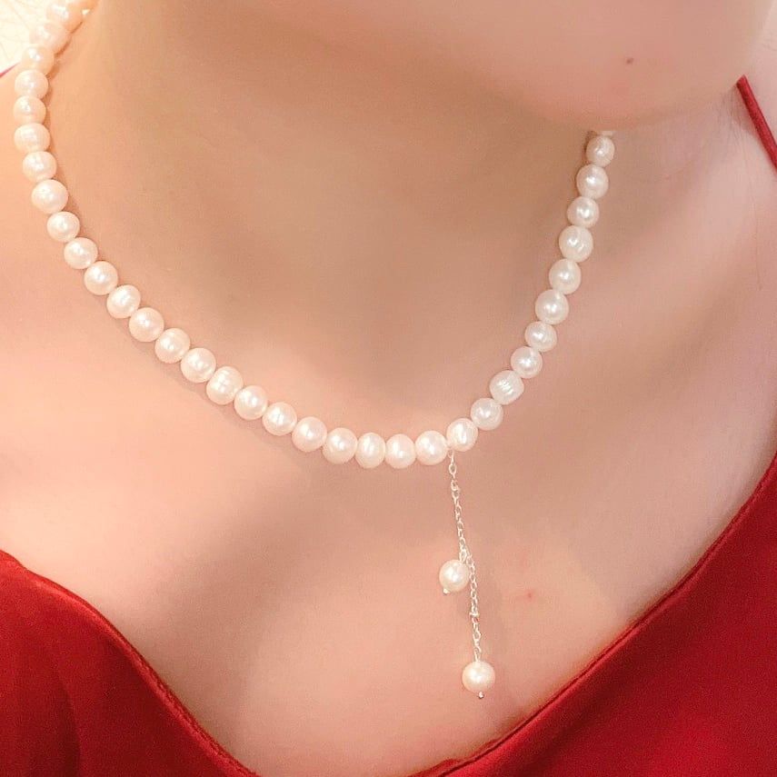 Vòng cổ choker ngọc trai 7li phong cách trẻ trung, năgn động. Quà tặng hoa tai bạc đính ngọc trai trị giá 350.000đ