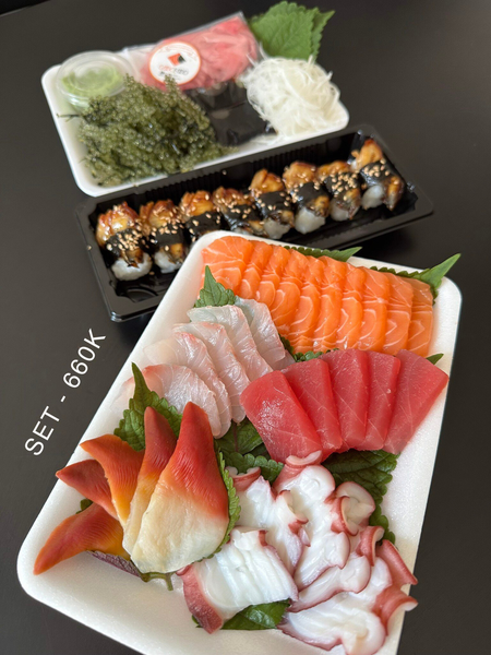 Set 660 ( 1 sushi lươn Nhật, 100g hồi, 5 chẽm, 5 ngừ, 5 tuột, 5 sò đỏ )