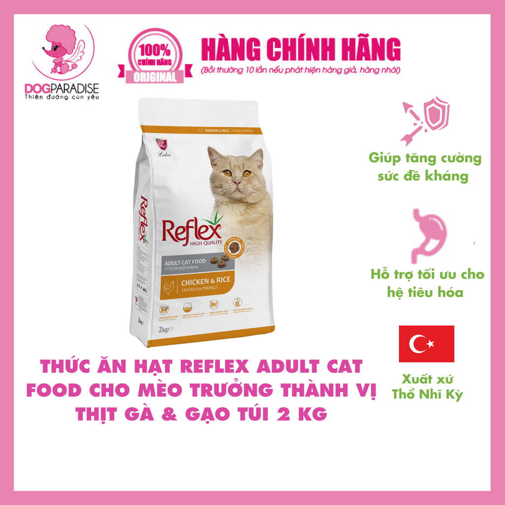Thức ăn hạt cho mèo trưởng thành vị thịt gà & gạo 2 kg - Reflex Adult Cat Food Chicken & Rice RC868