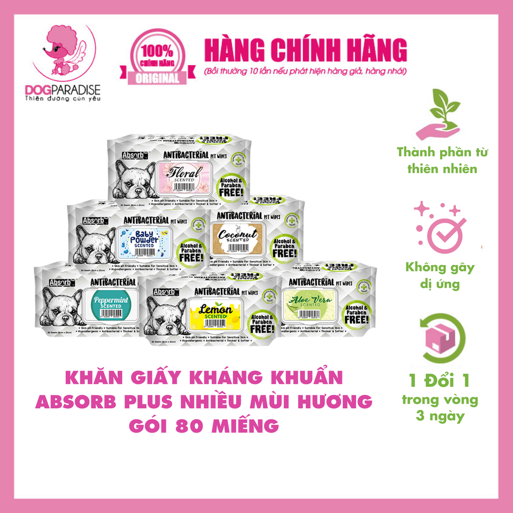 Khăn giấy kháng khuẩn Antibacterial cho chó mèo Aloe Vera | TDT