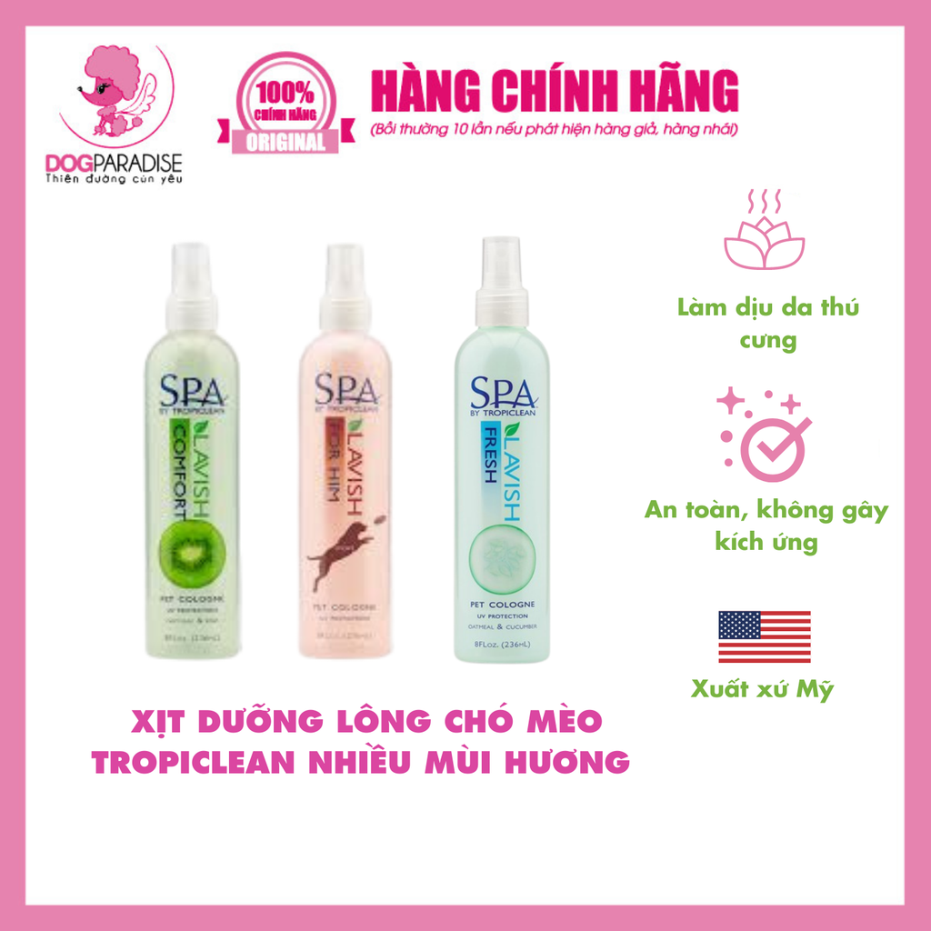 Xịt dưỡng lông chó mèo hương Dưa leo 236ml | Tropiclean Fresh - 236ml