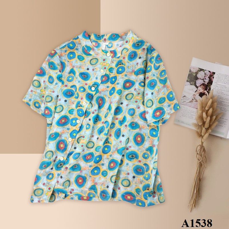  A1538-Áo Linen Vạt Xéo Nút 