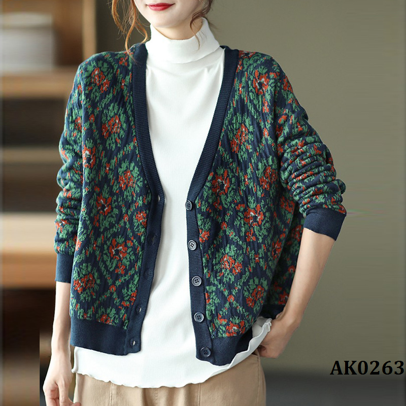  AK0263-Áo Khoác Len Cotton Cardigan Retro Văn Học 