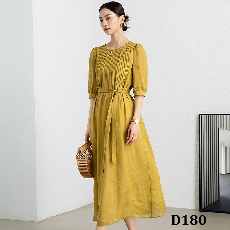  D180-Đầm Ramie Xếp Ly Thoải Mái Che Bụng 