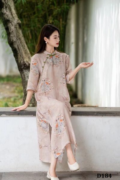  D184-Đầm Ramie Hoa Sườn Xám 