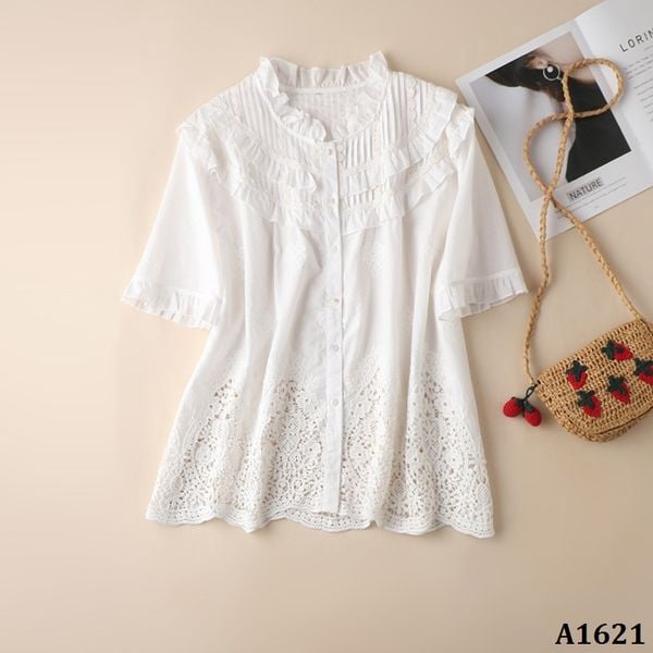  A1621-Áo Cotton Ren Vạt Nhún Bèo 