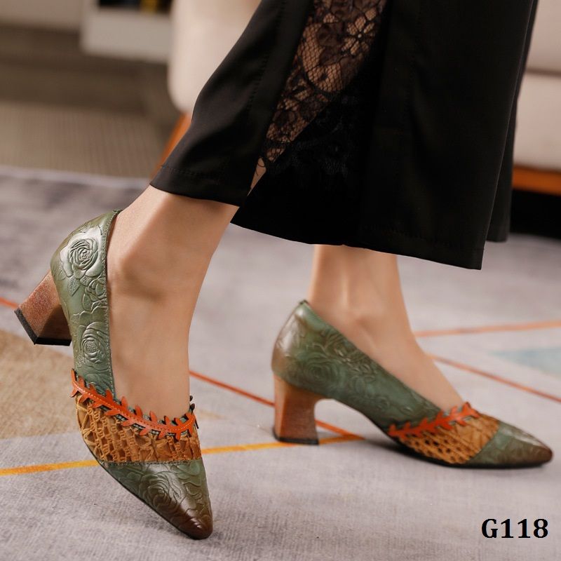  G118-Giày Da Thật Chạm Hoa Hồng 