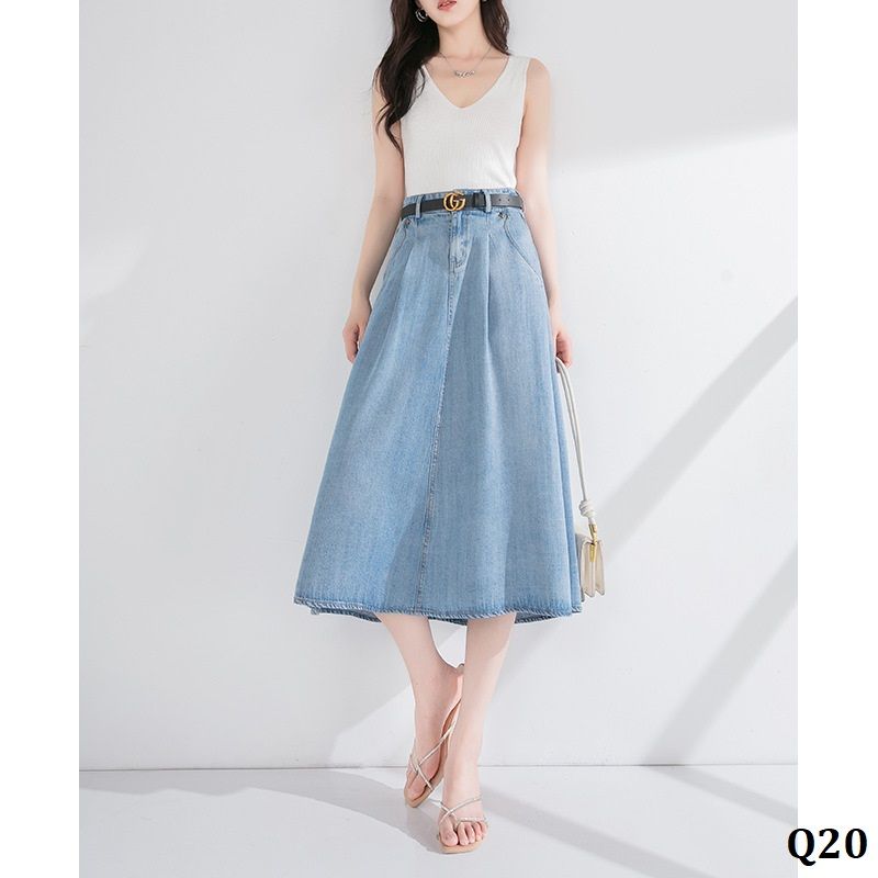  Q20-Chân Váy Jeans Lụa Eo Cao 
