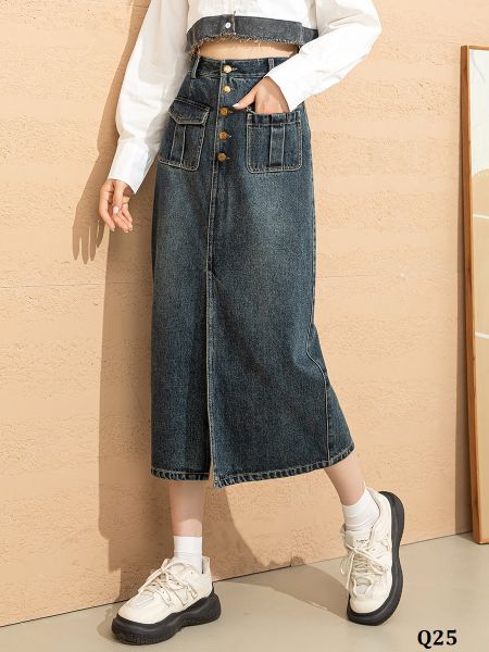  Q25-Chân Váy Chữ A Denim Túi Trước 