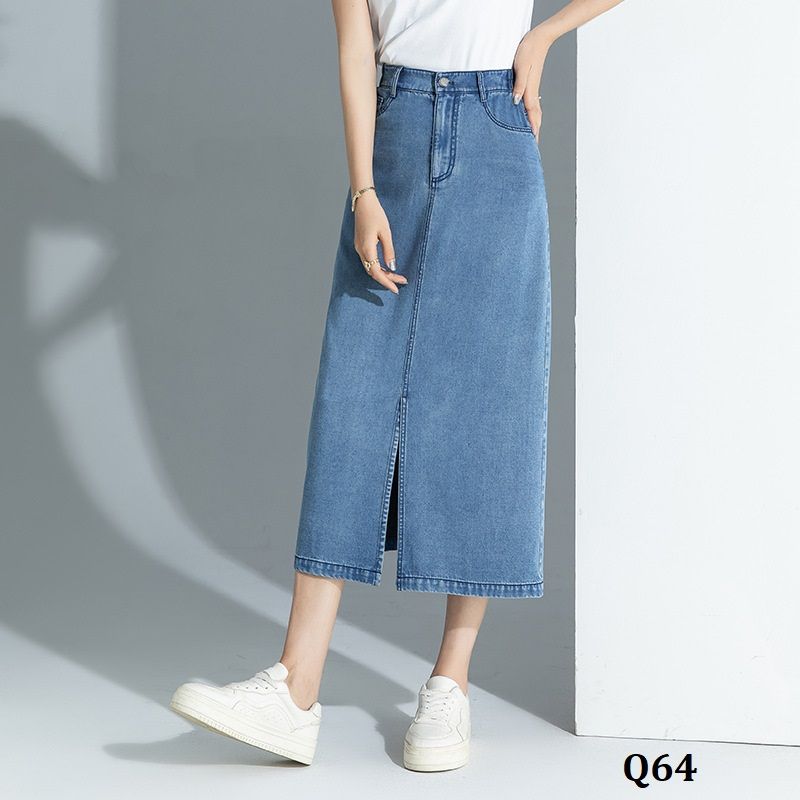  Q64-Chân Váy Jeans Chữ A Xẻ Tà 