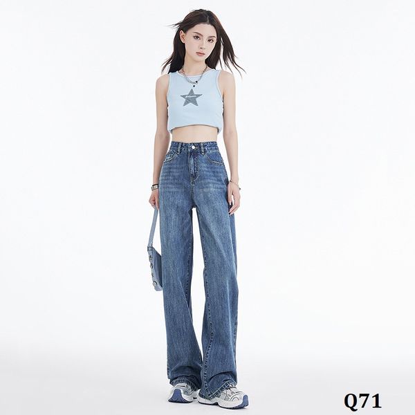  Q71-Quần Jeans Ống Suông Lưng Cao Thêu Túi 