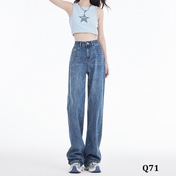  Q71-Quần Jeans Ống Suông Lưng Cao Thêu Túi 