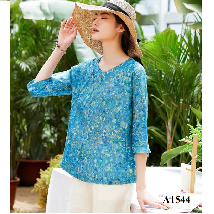  A1544-Áo Linen Hoa Nghệ Thuật Nút Xéo 