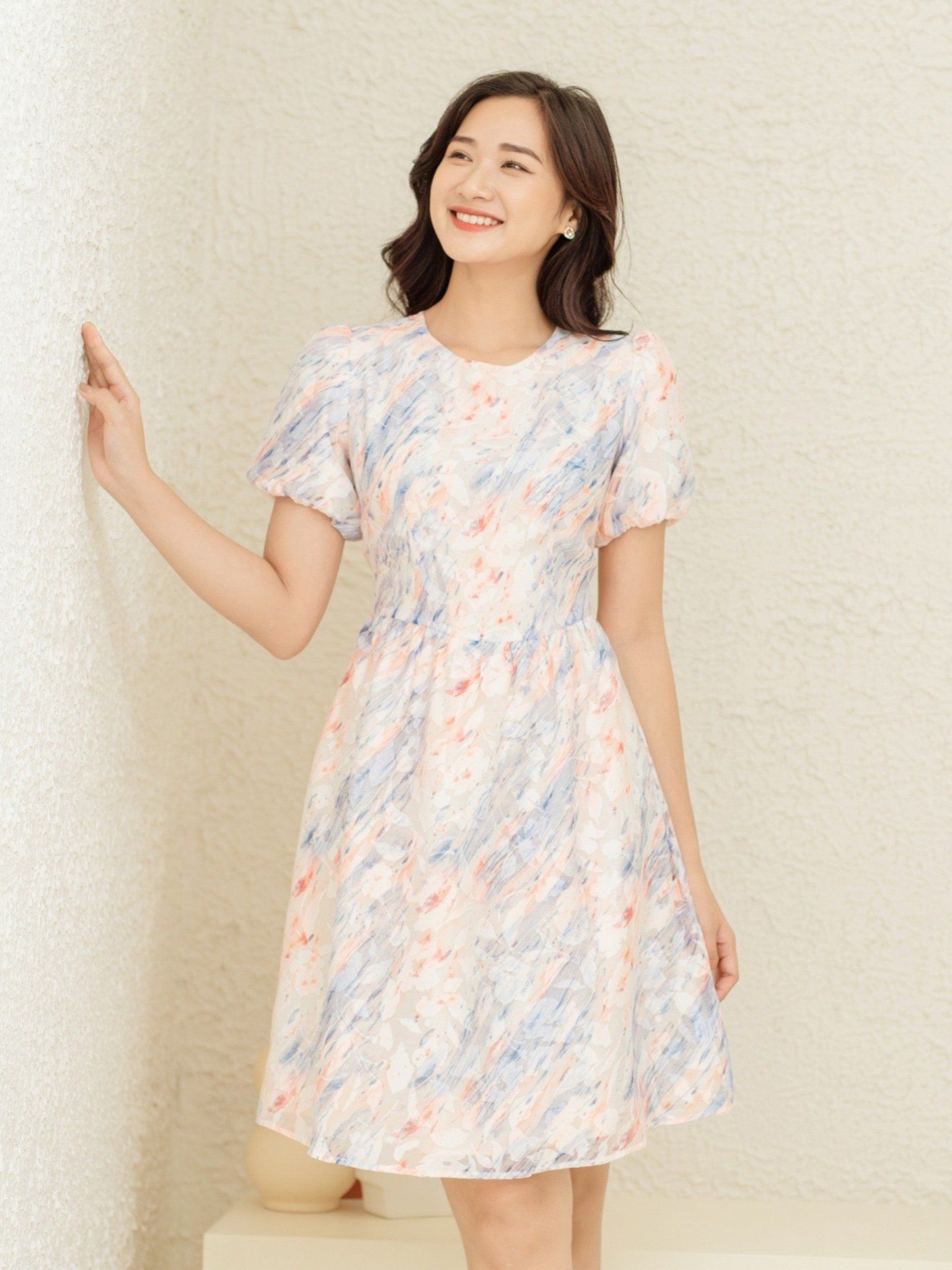  D147 - Đầm Tơ Cotton Jacquard Tay Phồng 