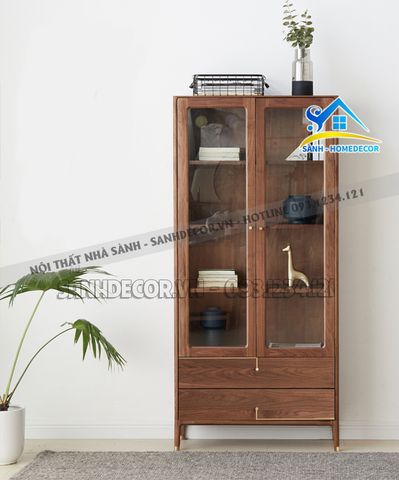 Tủ sách gỗ cánh kính cường lực màu walnut - TS40