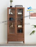 Tủ sách gỗ cánh kính cường lực màu walnut - TS40