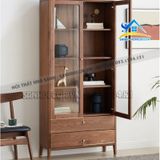 Tủ sách gỗ cánh kính cường lực màu walnut - TS40