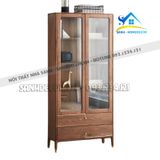 Tủ sách gỗ cánh kính cường lực màu walnut - TS40