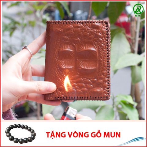 Ví da nam in gù cá sấu nâu độc đáo dáng đứng+Tặng Vòng Phong Thủy Gỗ Mun-GV494(GM)-DUNG