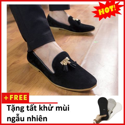 Giày Lười Nam Đẹp Đế Khâu Chuông Vàng Da Búc Màu Đen Sang Trọng - M124-BUCK-Tặng tất