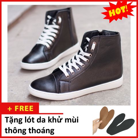 Giày Thể Thao Cao Cổ Da Sần Màu Đen Cổ Có Khóa Và Có Dây Đế Khâu Chắc Chắn - T518-DEN-L