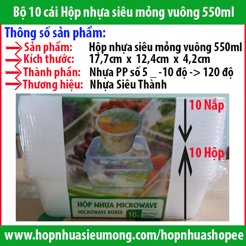 Hộp nhựa vuông chữ nhật 550ml có nắp nhựa Siêu Thành
