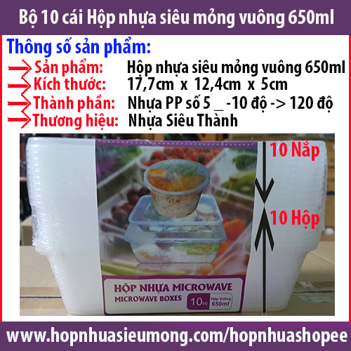 Hộp nhựa vuông chữ nhật 650ml có nắp nhựa Siêu Thành