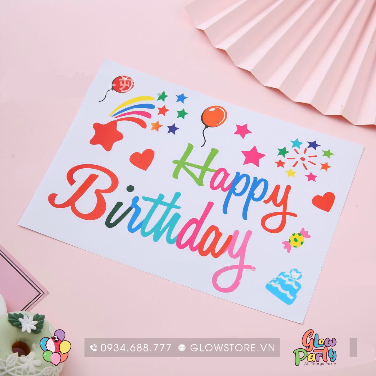 Sticker Happy Birthday nhiều màu dán line bóng