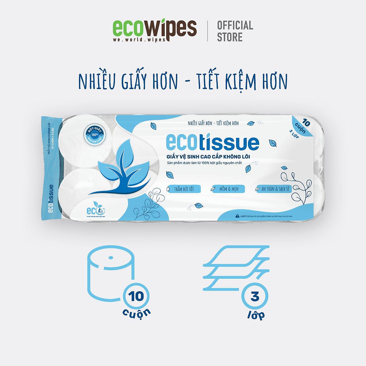  GIẤY VỆ SINH CAO CẤP KHÔNG LÕI ECOTISSUE 10 CUỘN 