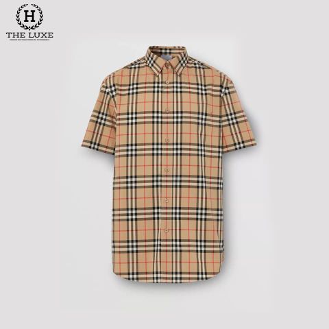  Sơ Mi Burberry Cộc Tay Màu Camel Kẻ Đỏ Nhỏ 